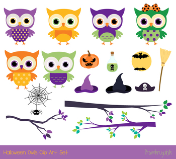 Cute Halloween owls clip art set, Orange purple owl with ...