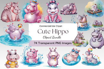 Preview of Cute Hippo Watercolor Clipart Bundle