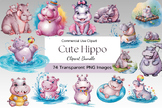 Cute Hippo Watercolor Clipart Bundle