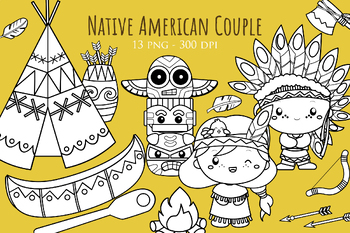 Preview of Cute History Native American Indian Couple Art Cartoon Digital Stamp Outline