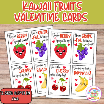 Cute Kawaii Fuits Valentine's Day Cards for Kids, Kawaii Valentines Cards