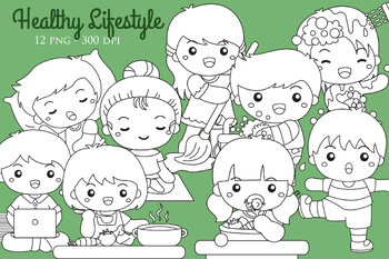 Preview of Cute Kids With Healthy Lifestyle Activity Holiday Cartoon Digital Stamp Outline