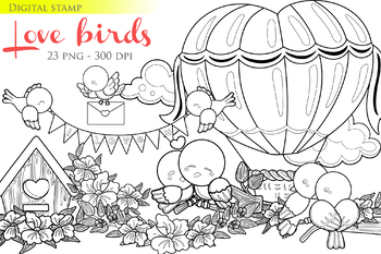 Preview of Cute Love Birds Animals Valentine Flowers - Black White Outline - Digital Stamp