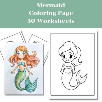 Preview of Cute Mermaid Coloring Pages, Coloring Sheets, Preschool, Worksheets
