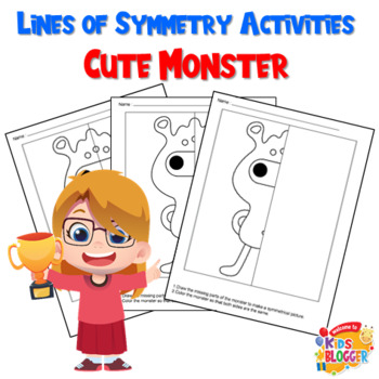 Preview of Cute Monsters Math Lines of Symmetry Drawing and Coloring Activities Worksheets
