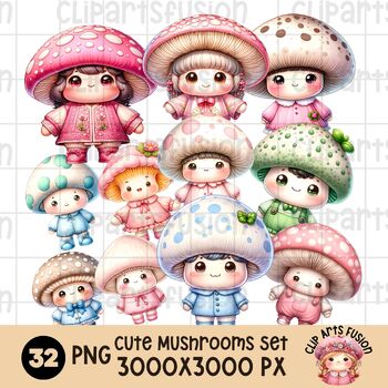 Preview of Cute Mushrooms Characters With Pastel Outfit Clip Art | Vegetable Theme