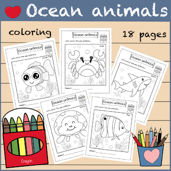 Preview of Cute Ocean animals for coloring,  18 pages ,18 types of sea animals.