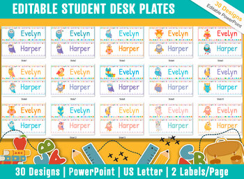 Preview of Cute Owl Student Desk Plates: 30 Editable Designs with PowerPoint