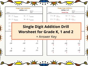 Preview of 1 Digit Addition Worksheets with Answers | 1 minute drill | Test | Homework