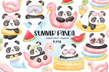 Preview of Cute Panda clipart, Panda watercolor clipart, Summer clipart, Beach clipart
