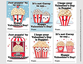 Preview of Cute Popcorn Theme Valentine Cards 6/page Printable JPG Valentines from Teacher