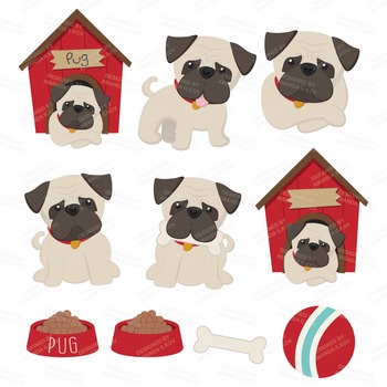 Cute Pug Clipart Vectors Digital Papers Puppy Clip Art Dog Clipart - 