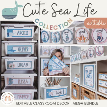 Preview of Cute Sea Life Classroom Decor Bundle | Under the Sea Theme | Editable