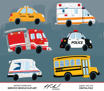 Preview of Cute Service Cars Digital Clip Art - Digital File - Cartoon Service Cars Clipart