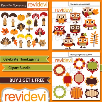Preview of Cute Thanksgiving Clip Art Bundle / kids, turkey, owls, frames (3 packs)