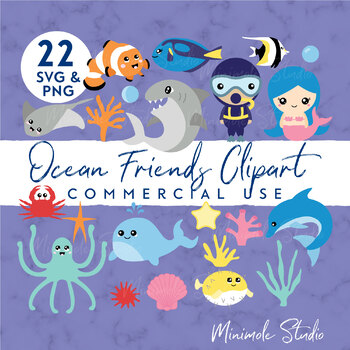 Download Cute Underwater Svg Clipart Pack Ocean Mermaid Shark Clownfish