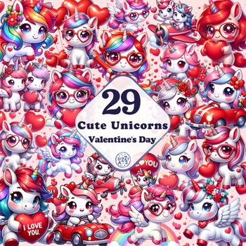 Preview of Cute Unicorns Valentine's Day Collection 29 PNG Cliparts Valentine Day Bundle
