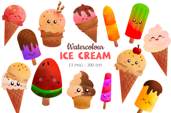 Preview of Cute Watercolour Colorful Ice Cream Cone Dessert Clipart Cartoon Illustration