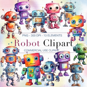Preview of Cute Watercolour Robots, 300dpi, Commercial Use Clip Art