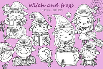Preview of Cute Witch Halloween Costume and Frog Cartoon Digital Stamp Outline