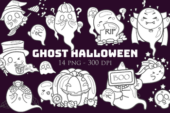 Preview of Cute and Funny Ghost Halloween Cartoon Digital Stamp Outline Black and White