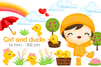 Preview of Cute and Happy Girl and Ducks Animal Yellow Background Art Illustration Vector