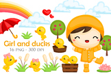 Cute and Happy Girl and Ducks Animal Yellow Background Art