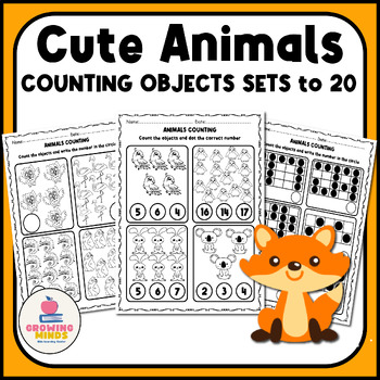 Preview of Cute animals COUNTING OBJECTS SETS to 20 WORKSHEETS KINDERGARTEN MORNING WORK