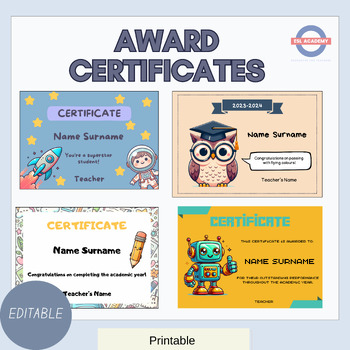 Preview of Cute award certificates for the End of Year. Diplomas for children. Editable.