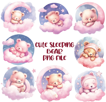 Preview of Cute baby bear girl sleeping, watercolor bear clip art, PNG, pink bear