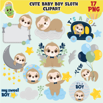 Preview of Cute baby boy sloth clipart, animals clip art for kids, jungle, safari cartoon
