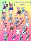Cute bunny clipart for school subjects (art, music, math, 