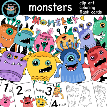 Preview of Freebie Cute colorful monsters clip art, coloring, flash cards