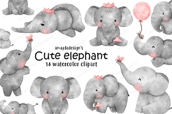 Preview of Cute elephants, elephant, elephants Clipart, watercolor elephants