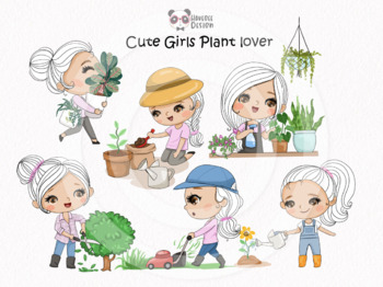 Preview of Cute girls Plant lover set, plant Clipart instant download PNG file - 300 dpi