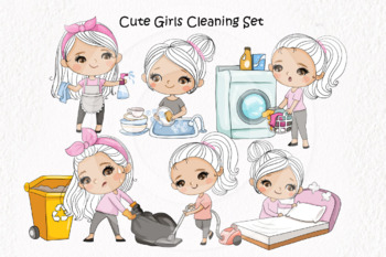 Preview of Cute girls cleaning set Clipart instant download PNG file - 300 dpi