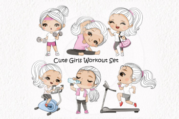 Preview of Cute girls workout set, exercise Clipart instant download PNG file - 300 dpi