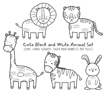 Preview of Cute illustration of black and white animals, outline drawing set.