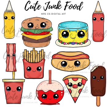 Preview of Cute junk food || Junk food clipart || plus black and white clipart||