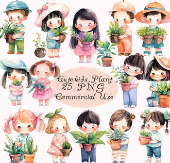 Preview of Cute kids with plants PNG, earth day, plants students, school, digital resource