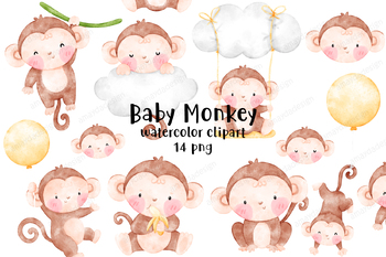 Preview of Cute monkey, monkey, monkey Clipart, watercolor monkey