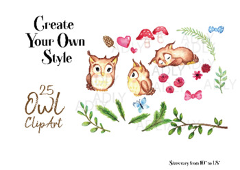 Download Cute Owl Watercolor Clipart Neutral Owl Clipart With Forest Set Roses Bow Tie