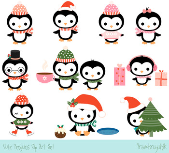 Preview of Cute penguins clipart set, Christmas penguin clip art collection, Winter penguin