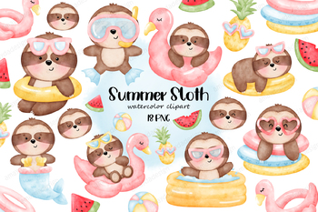 Preview of Cute sloth clipart, sloth clipart, summer clipart, animal clipart, pool party