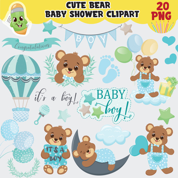 Preview of Cute teddy bear clipart, nursery clipart, baby shower bear, boy bear clip art