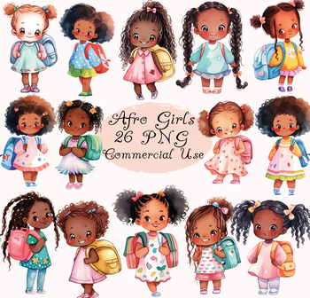 Preview of Cute watercolor Afro kid girl students clipart PNG, clip art, students, digital