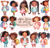 Cute watercolor Afro kid girl students clipart PNG, clip a