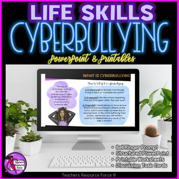 Preview of Cyberbullying Lesson PPT, Printables & Discussion Cards for Internet Safety