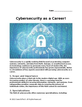 Preview of Cybersecurity Career Worksheet!