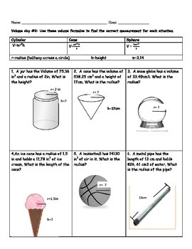 Cylinder, Cone, and Sphere Volume Worksheet by Kelbelle418 | TpT